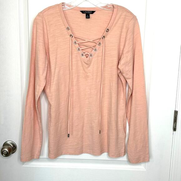 Lauren Ralph Lauren Wms Medium Pale Peach Cotton Lace Up LS Top Casual Spring - Picture 7 of 7
